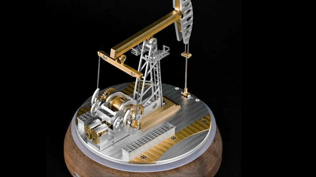 Close-up view of Mech artisans Scale Model Of Pumpjack Oil Pump in black background