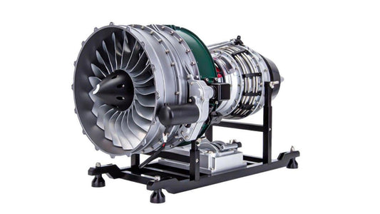 Close-up view of TECHING Full Metal Dual-Spool Turbofan Engine Model Kit in white background