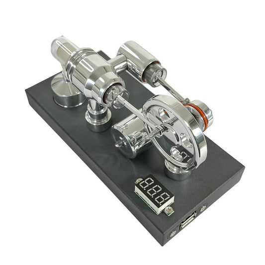 Enhanced Stirling engine featuring a mirror-polished finish, integrated voltmeter, and USB port