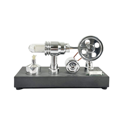 Enhanced Stirling engine featuring a mirror-polished finish, integrated voltmeter, and USB port