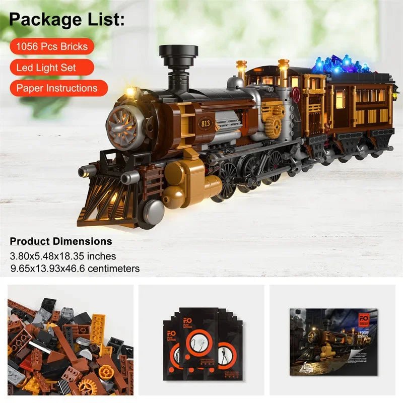 1056 - Piece Steampunk Ore Train Building Set with LED Lights - Funwhole F9006 DIY Model Kit - Mech Artisans