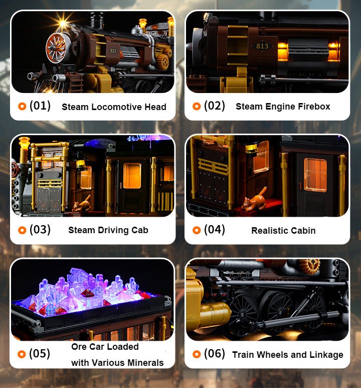 1056 - Piece Steampunk Ore Train Building Set with LED Lights - Funwhole F9006 DIY Model Kit - Mech Artisans