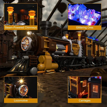 1056 - Piece Steampunk Ore Train Building Set with LED Lights - Funwhole F9006 DIY Model Kit - Mech Artisans